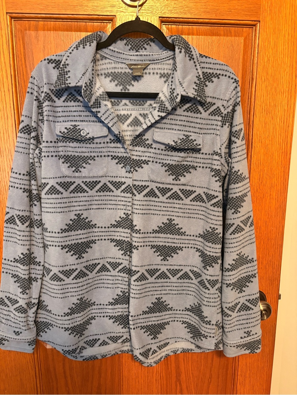 Eddie Bauer Light and Navy Blue Aztec Fleece button up